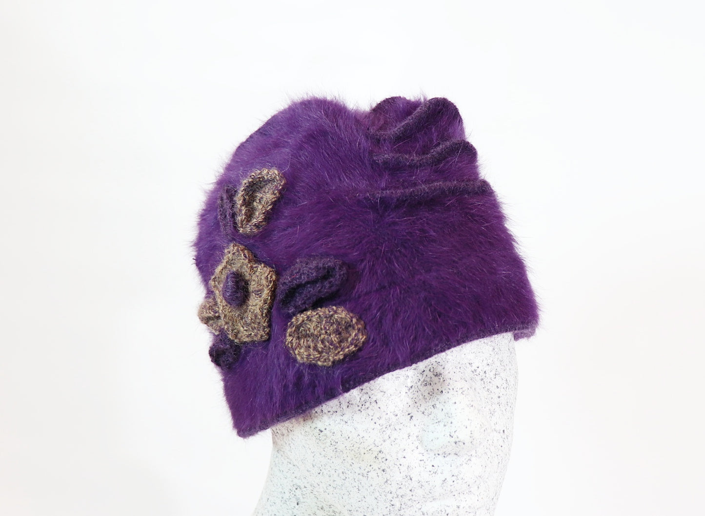 Angora beanie with flowers and piping