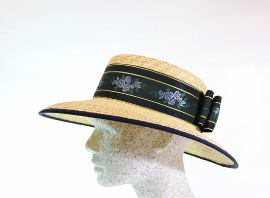 Braided straw hat natural with silk ribbon