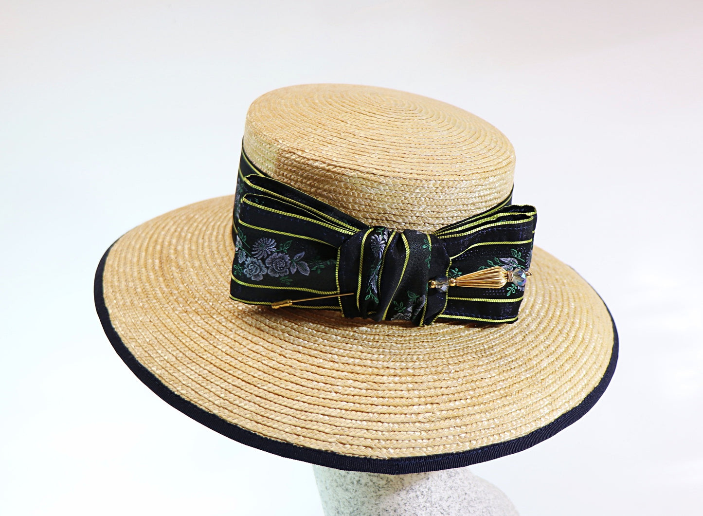 Braided straw hat natural with silk ribbon