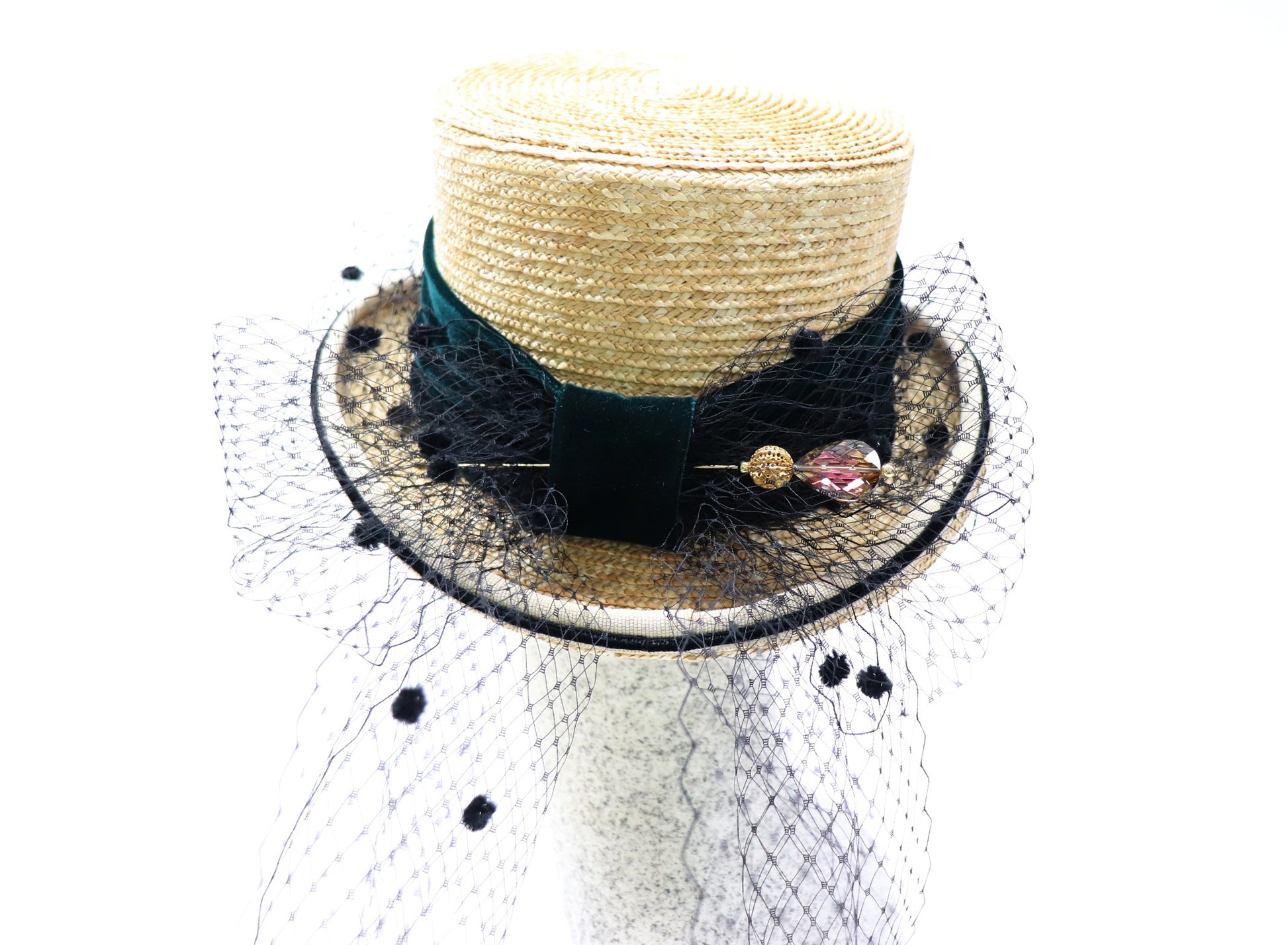 Damenzylinder Strohborte mit Schleier - Hutmanufaktur Hanni-Modelle