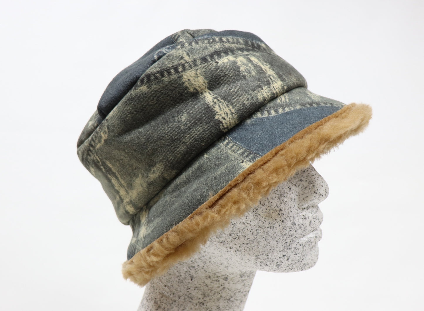 Bucket - jeansblau mit Webpelz - Hutmanufaktur Hanni-Modelle