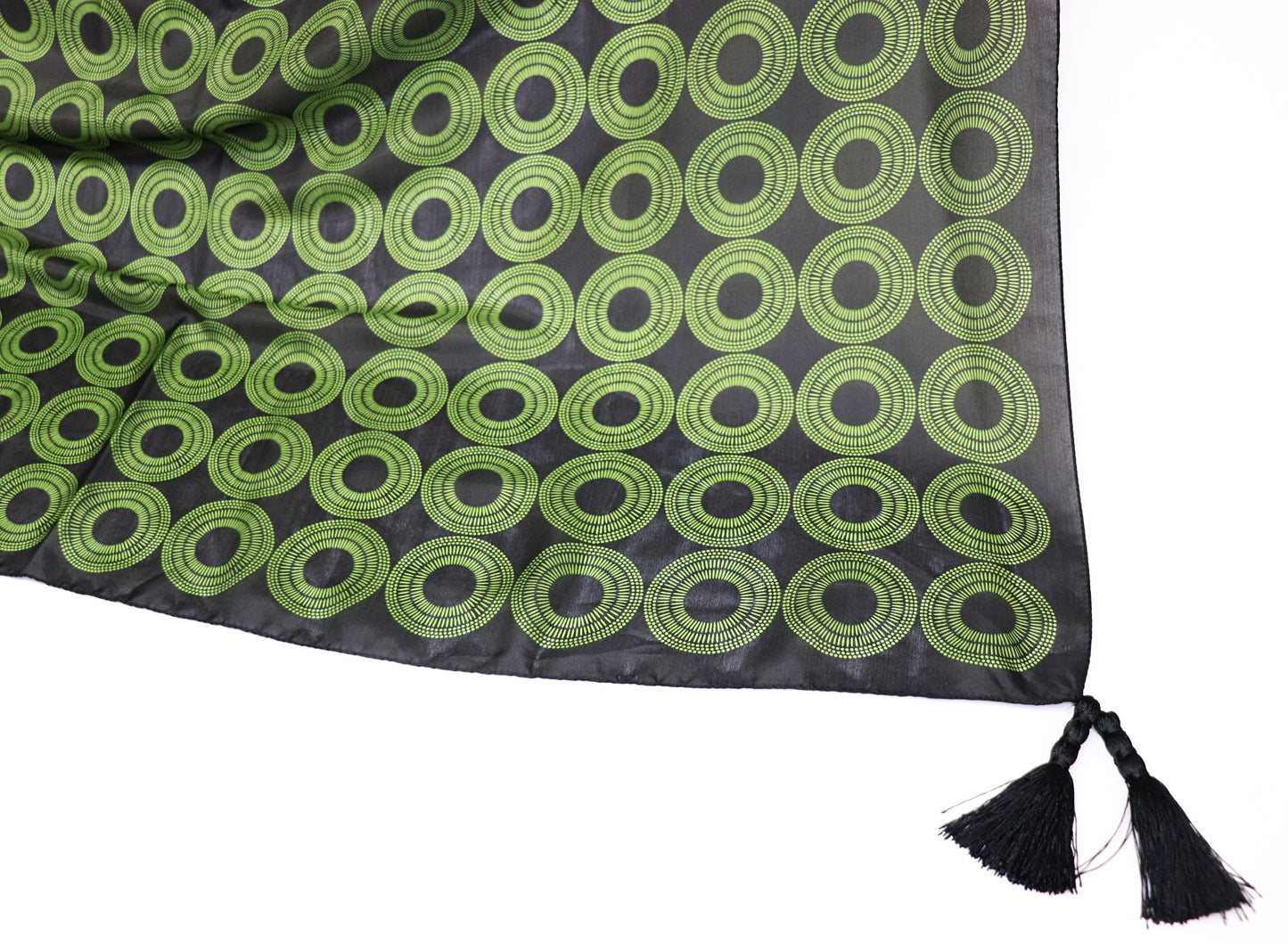 Silk scarf black - green with tassels