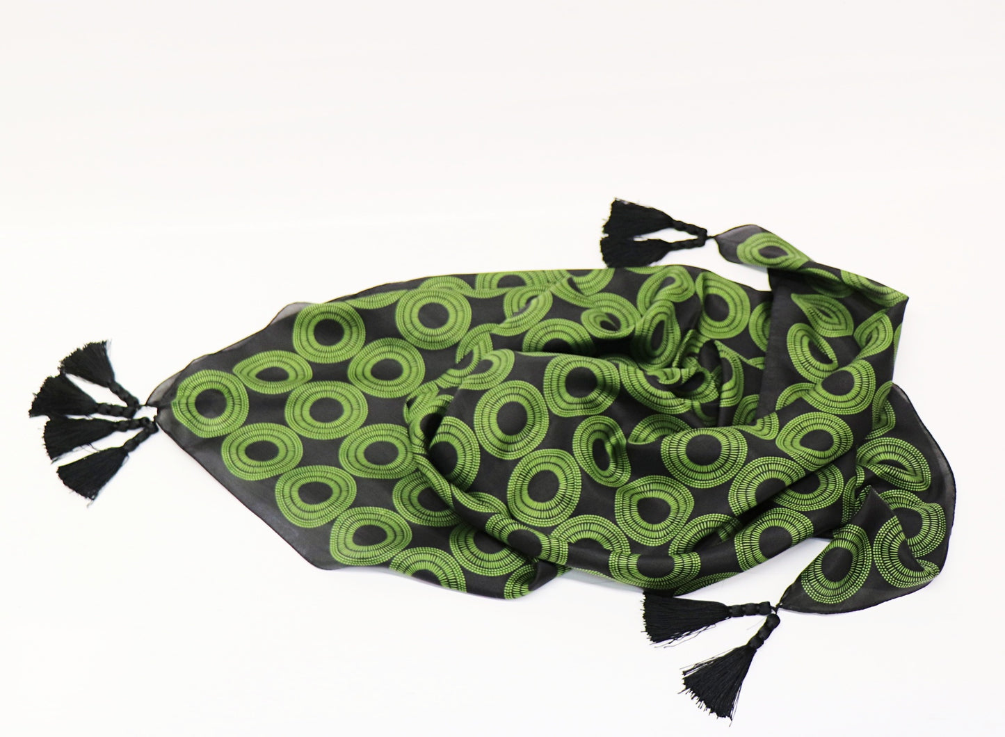 Silk scarf black - green with tassels