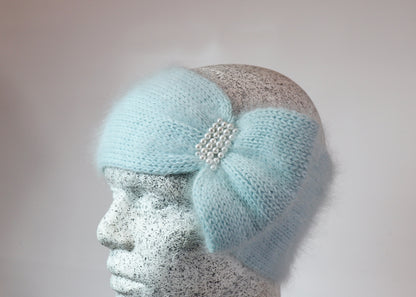 Angora Stirnband mit Schleife und Perlen