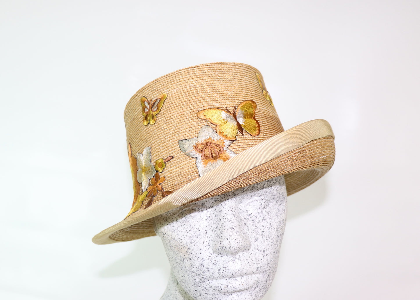 Braided straw hat natural with flowers and butterflies