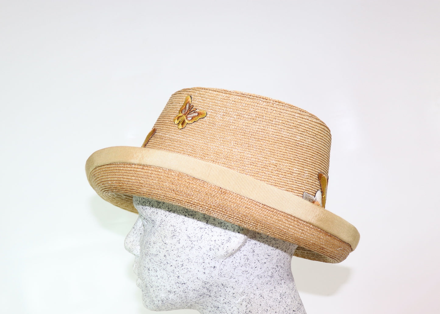Braided straw hat natural with flowers and butterflies