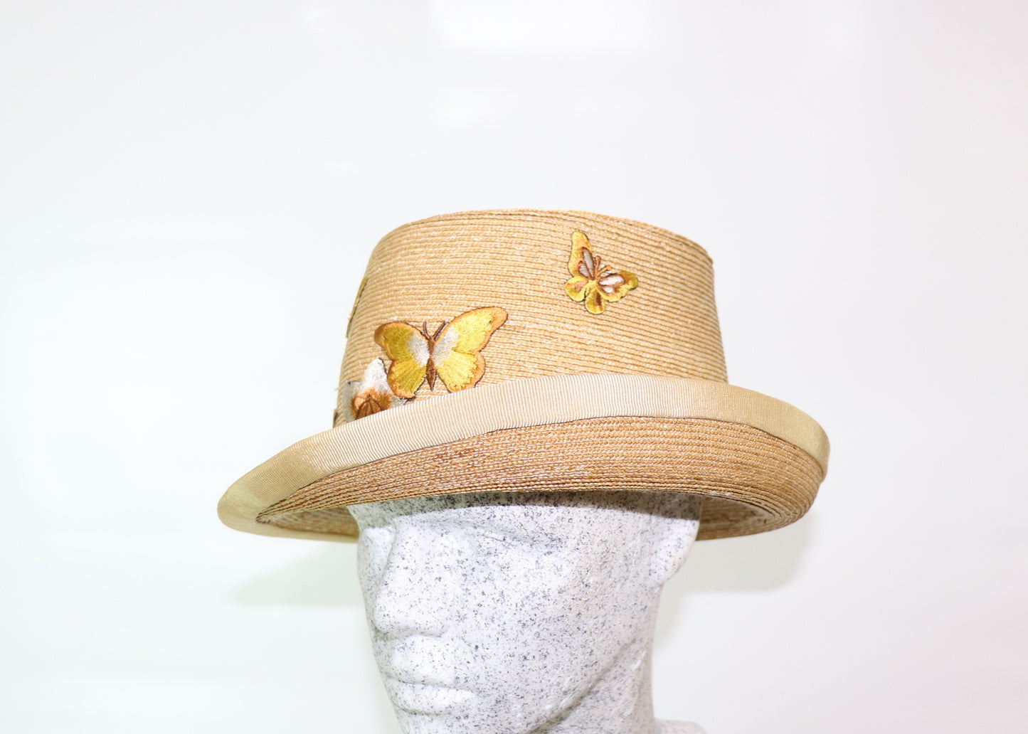 Braided straw hat natural with flowers and butterflies