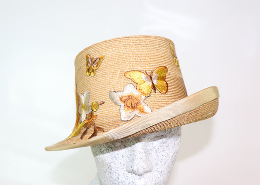 Braided straw hat natural with flowers and butterflies