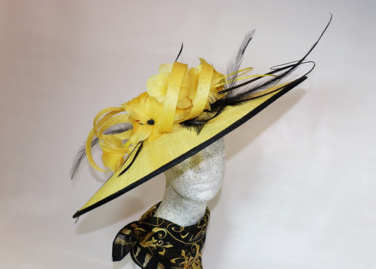 großer Fascinator gelb-schwarz - Hutmanufaktur Hanni-Modelle