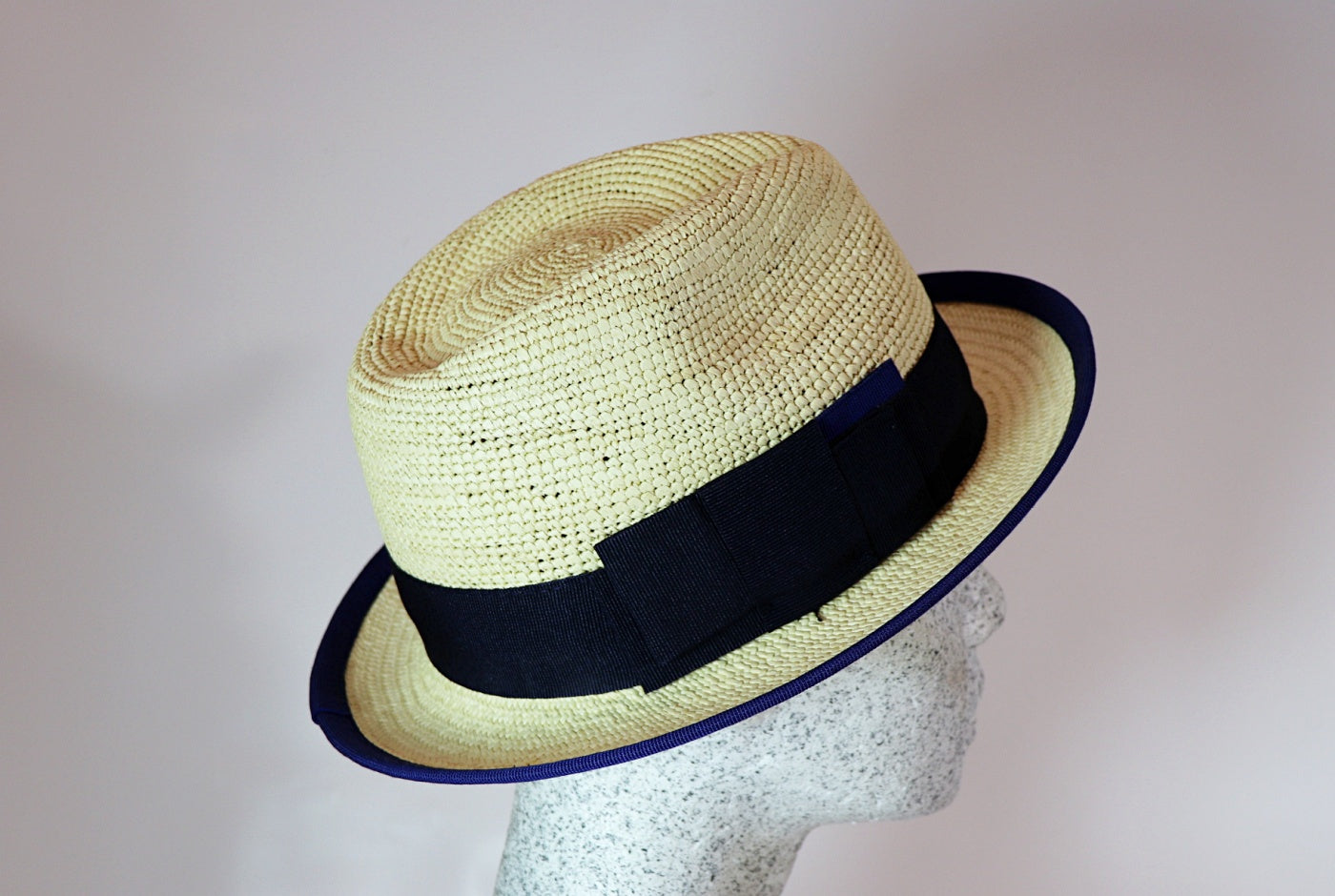 Panama trilby with blue ribbon