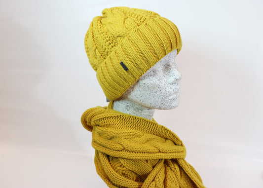 Woll - Zopf Strickgarnitur curry - Hutmanufaktur Hanni-Modelle