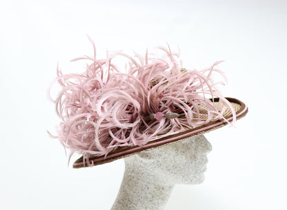 Bortenstrohhut caramel mit rose Federn - Hutmanufaktur Hanni-Modelle