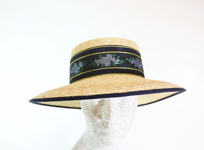 Braided straw hat natural with silk ribbon