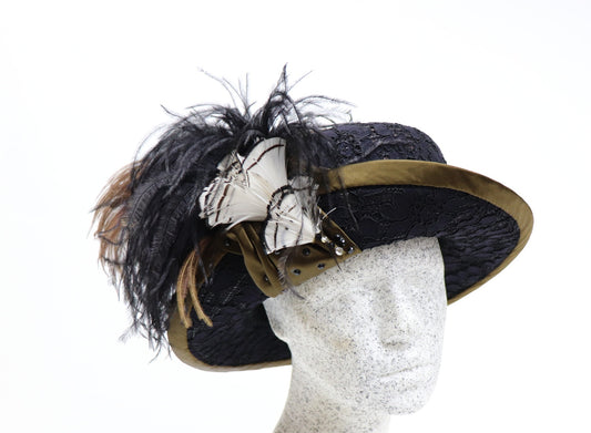 Spitzenhut schwarz - oliv mit Federn - Hutmanufaktur Hanni-Modelle