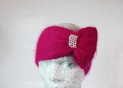 Angora headband with bow and pearls