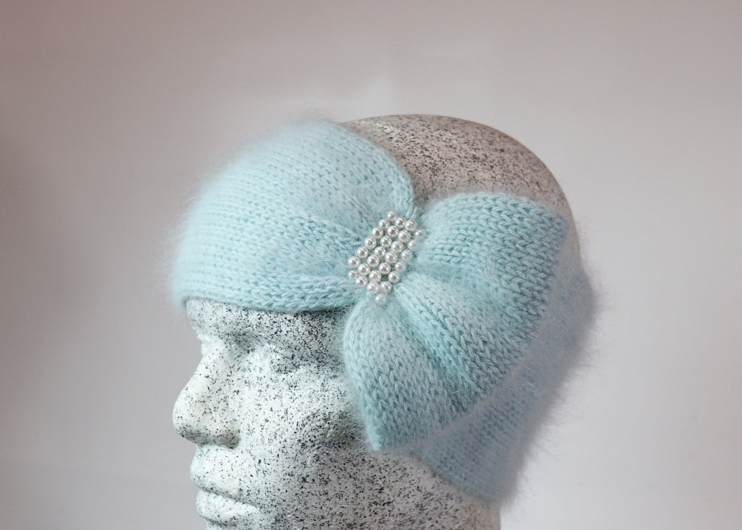Angora headband with bow and pearls