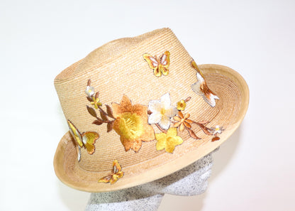 Braided straw hat natural with flowers and butterflies