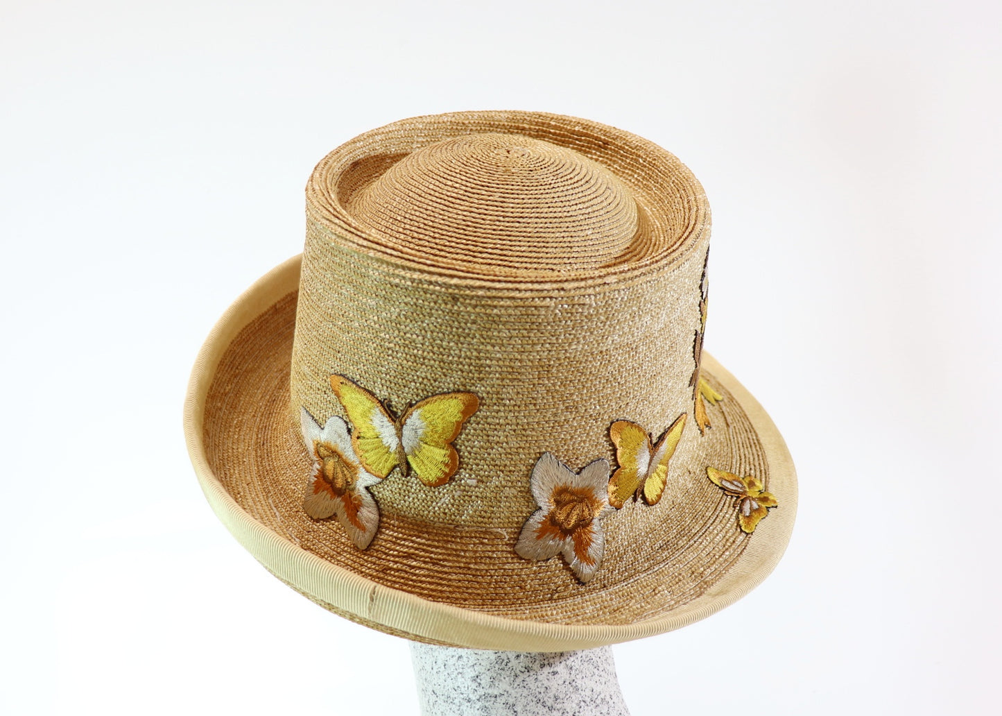 Braided straw hat natural with flowers and butterflies