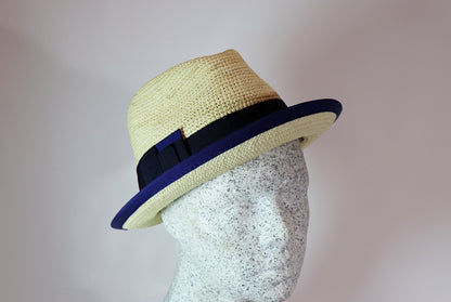 Panama trilby with blue ribbon
