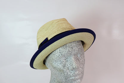 Panama trilby with blue ribbon